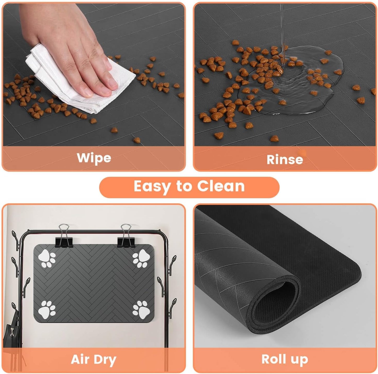 Tapete absorbente para comedero de mascotas, con base de goma impermeable y dispensador de agua de secado rápido para perros y gatos (30 x 50 cm, gris oscuro a rayas)