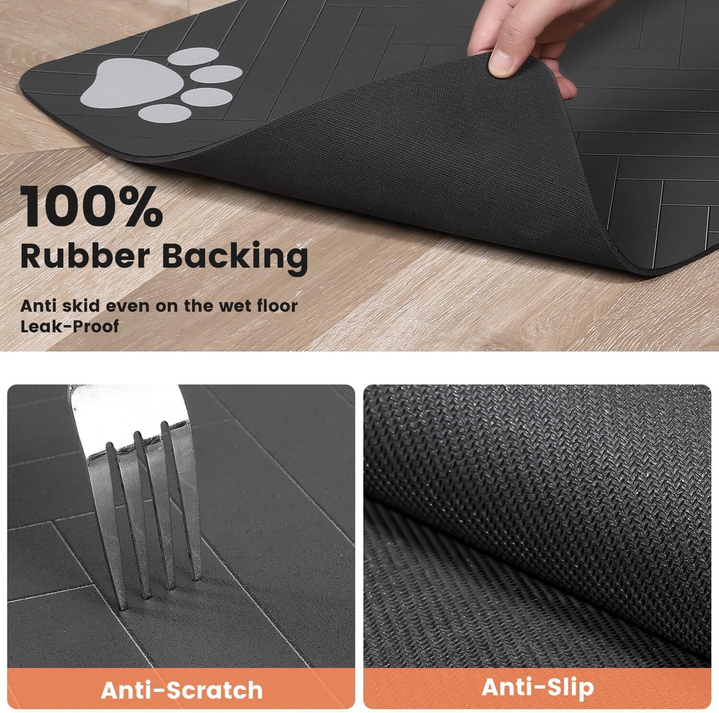 Tapete absorbente para comedero de mascotas, con base de goma impermeable y dispensador de agua de secado rápido para perros y gatos (30 x 50 cm, gris oscuro a rayas)