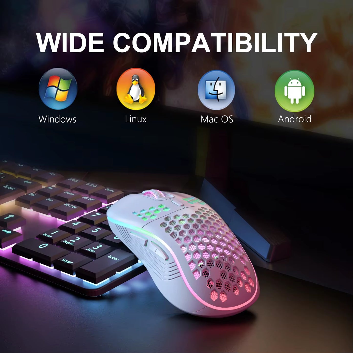 Ratón inalámbrico de 2,4 G con retroiluminación RGB, 6 botones, 3 velocidades DPI, recargable, tipo C, diseño ergonómico de panal para juegos