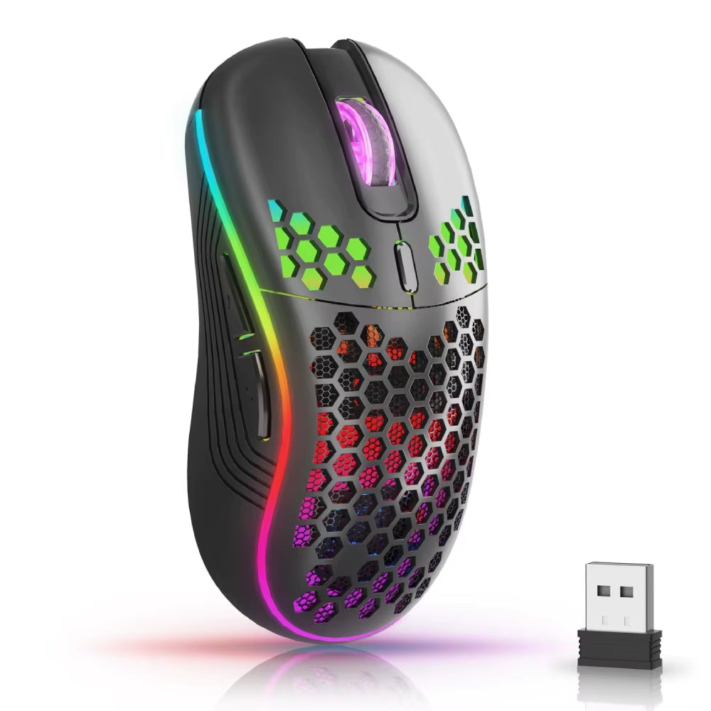 Ratón inalámbrico de 2,4 G con retroiluminación RGB, 6 botones, 3 velocidades DPI, recargable, tipo C, diseño ergonómico de panal para juegos