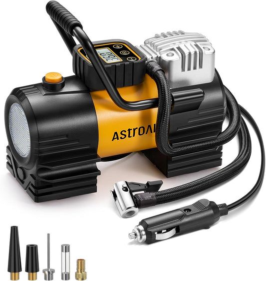 Inflador de neumáticos portátil (hasta 150 PSI), bomba de aire digital de 12 V CC con 12 LED, luz superbrillante para bicicletas, motocicletas y accesorios de coche.