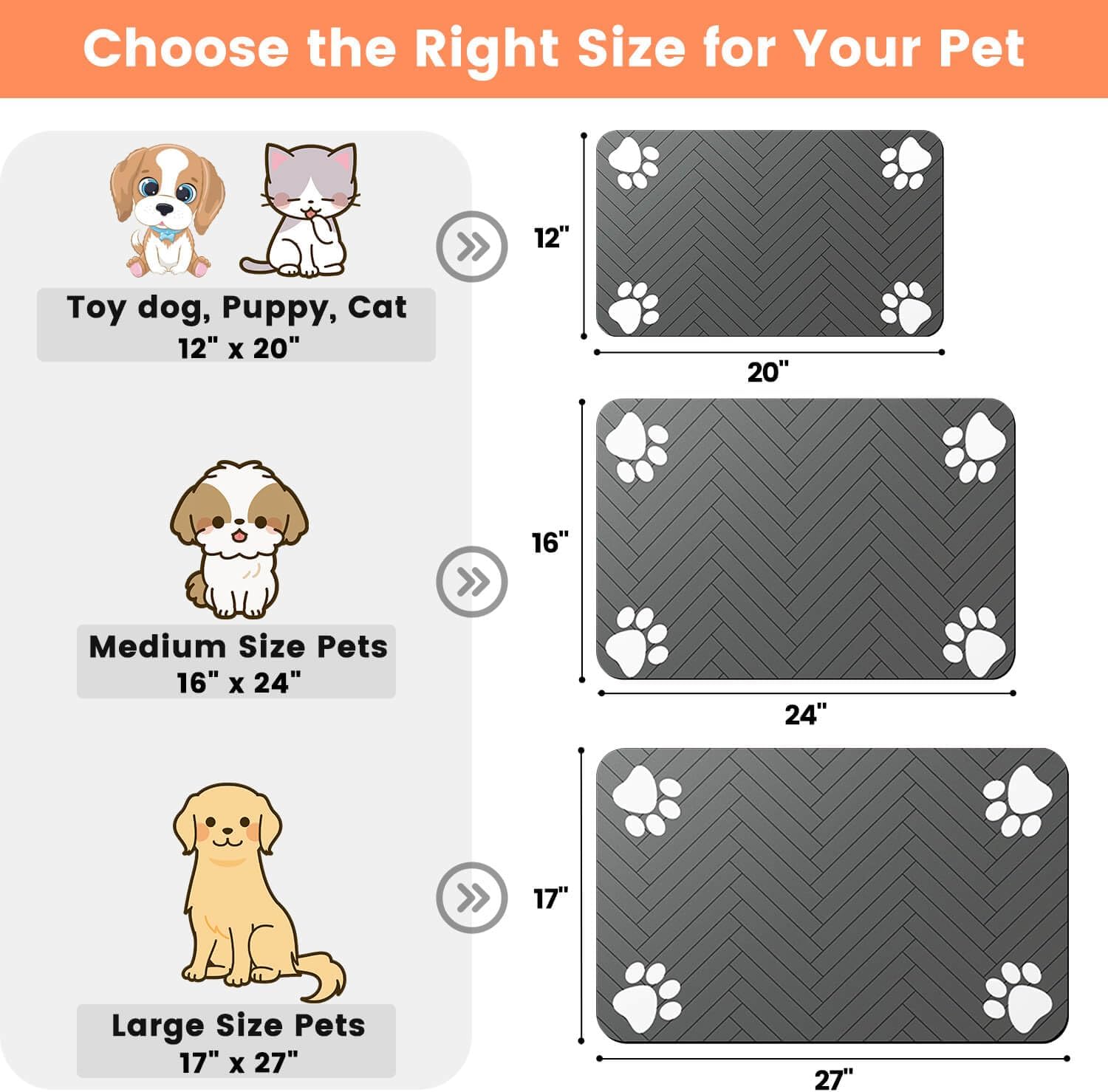Tapete absorbente para comedero de mascotas, con base de goma impermeable y dispensador de agua de secado rápido para perros y gatos (30 x 50 cm, gris oscuro a rayas)