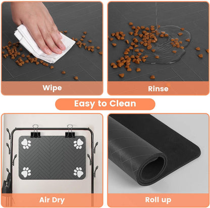 Tapete absorbente para comedero de mascotas, con base de goma impermeable y dispensador de agua de secado rápido para perros y gatos (30 x 50 cm, gris oscuro a rayas)