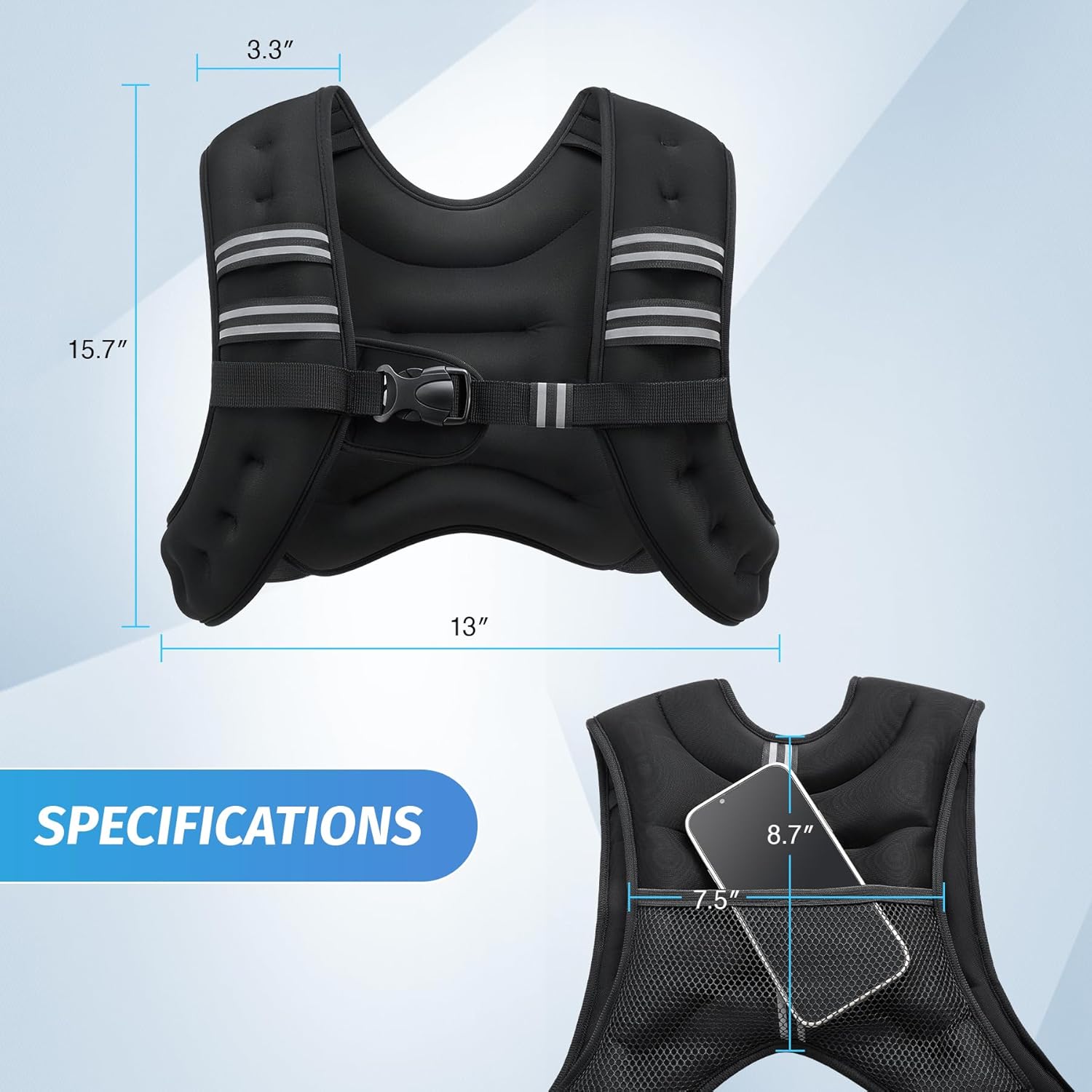 Chaleco lastrado de 2,7 kg, 3,6 kg, 5,4 kg, 7,6 kg, 9,1 kg, 11,4 kg y 13,6 kg con banda reflectante para entrenamiento, entrenamiento de fuerza, correr, fitness, musculación, pérdida de peso y levantamiento de pesas.