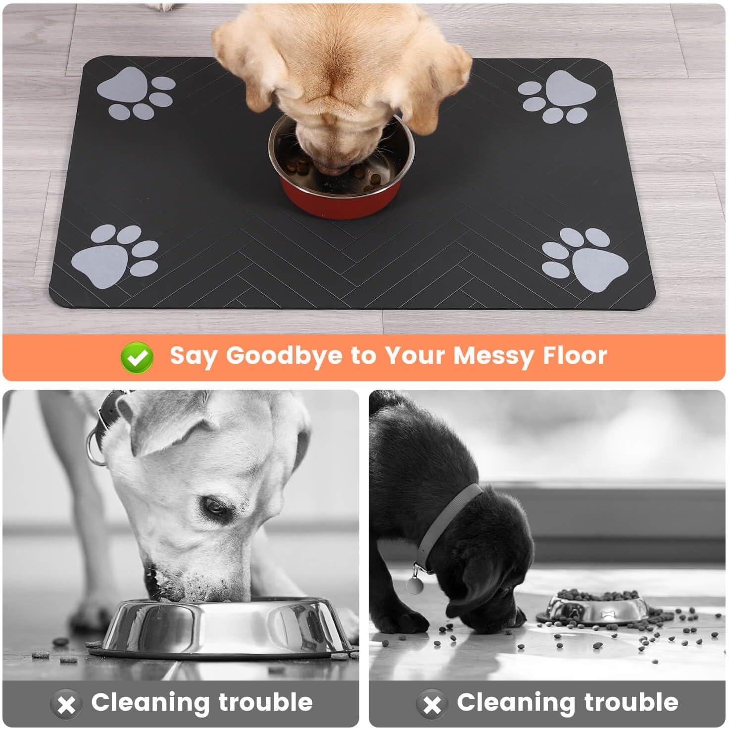 Tapete absorbente para comedero de mascotas, con base de goma impermeable y dispensador de agua de secado rápido para perros y gatos (30 x 50 cm, gris oscuro a rayas)