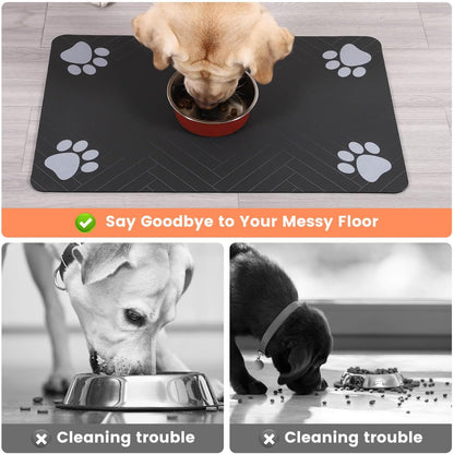 Tapete absorbente para comedero de mascotas, con base de goma impermeable y dispensador de agua de secado rápido para perros y gatos (30 x 50 cm, gris oscuro a rayas)