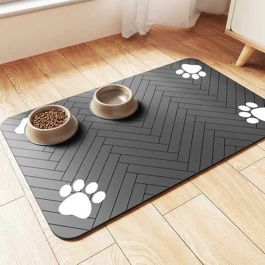 Tapete absorbente para comedero de mascotas, con base de goma impermeable y dispensador de agua de secado rápido para perros y gatos (30 x 50 cm, gris oscuro a rayas)