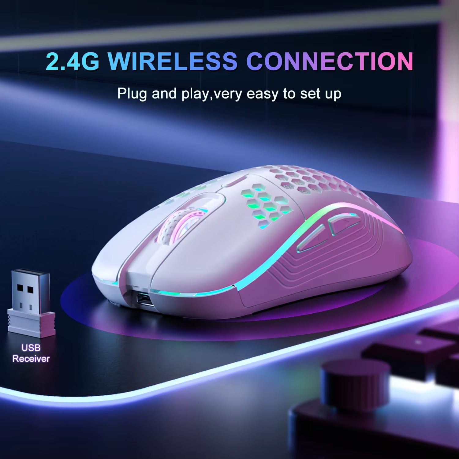 Ratón inalámbrico de 2,4 G con retroiluminación RGB, 6 botones, 3 velocidades DPI, recargable, tipo C, diseño ergonómico de panal para juegos