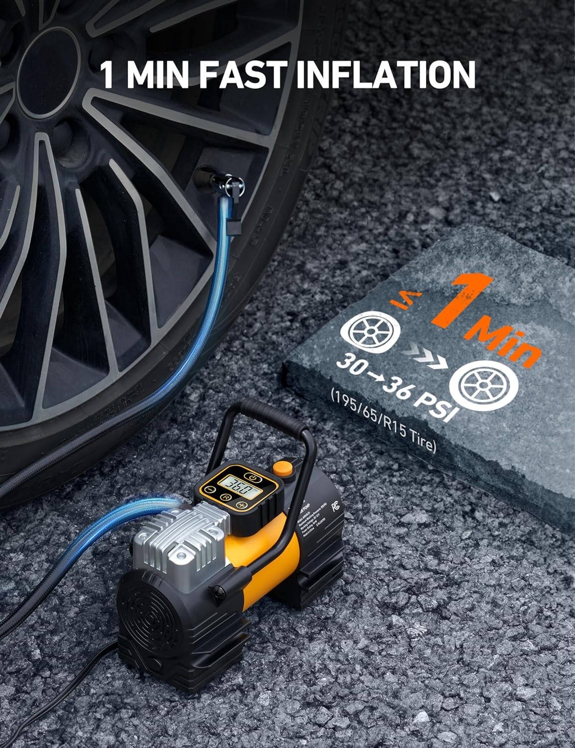 Inflador de neumáticos portátil (hasta 150 PSI), bomba de aire digital de 12 V CC con 12 LED, luz superbrillante para bicicletas, motocicletas y accesorios de coche.