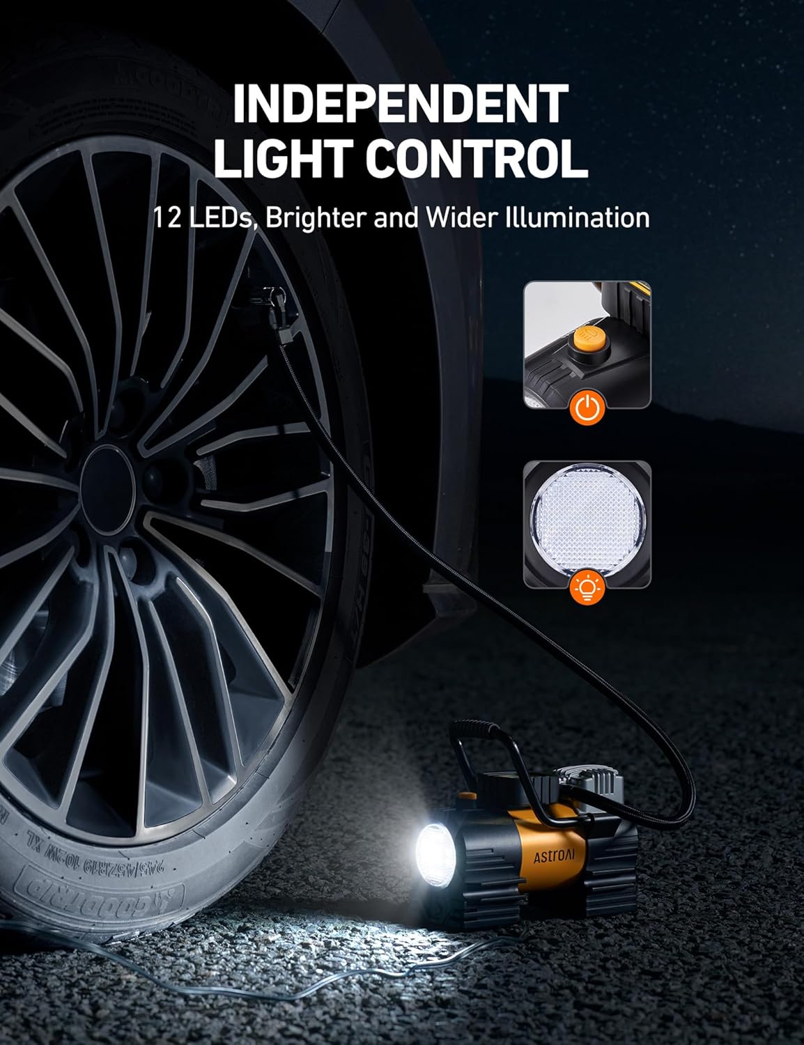 Inflador de neumáticos portátil (hasta 150 PSI), bomba de aire digital de 12 V CC con 12 LED, luz superbrillante para bicicletas, motocicletas y accesorios de coche.