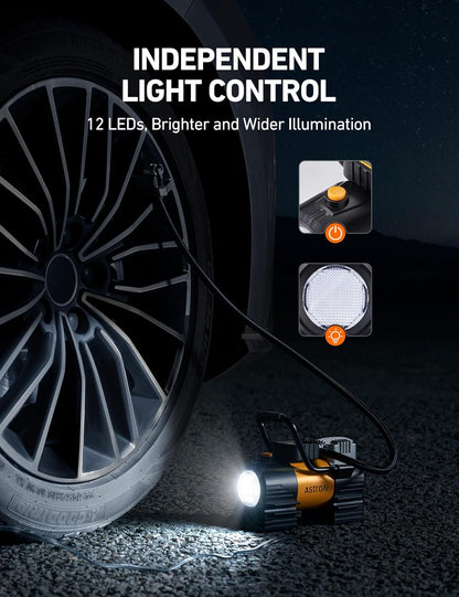 Inflador de neumáticos portátil (hasta 150 PSI), bomba de aire digital de 12 V CC con 12 LED, luz superbrillante para bicicletas, motocicletas y accesorios de coche.