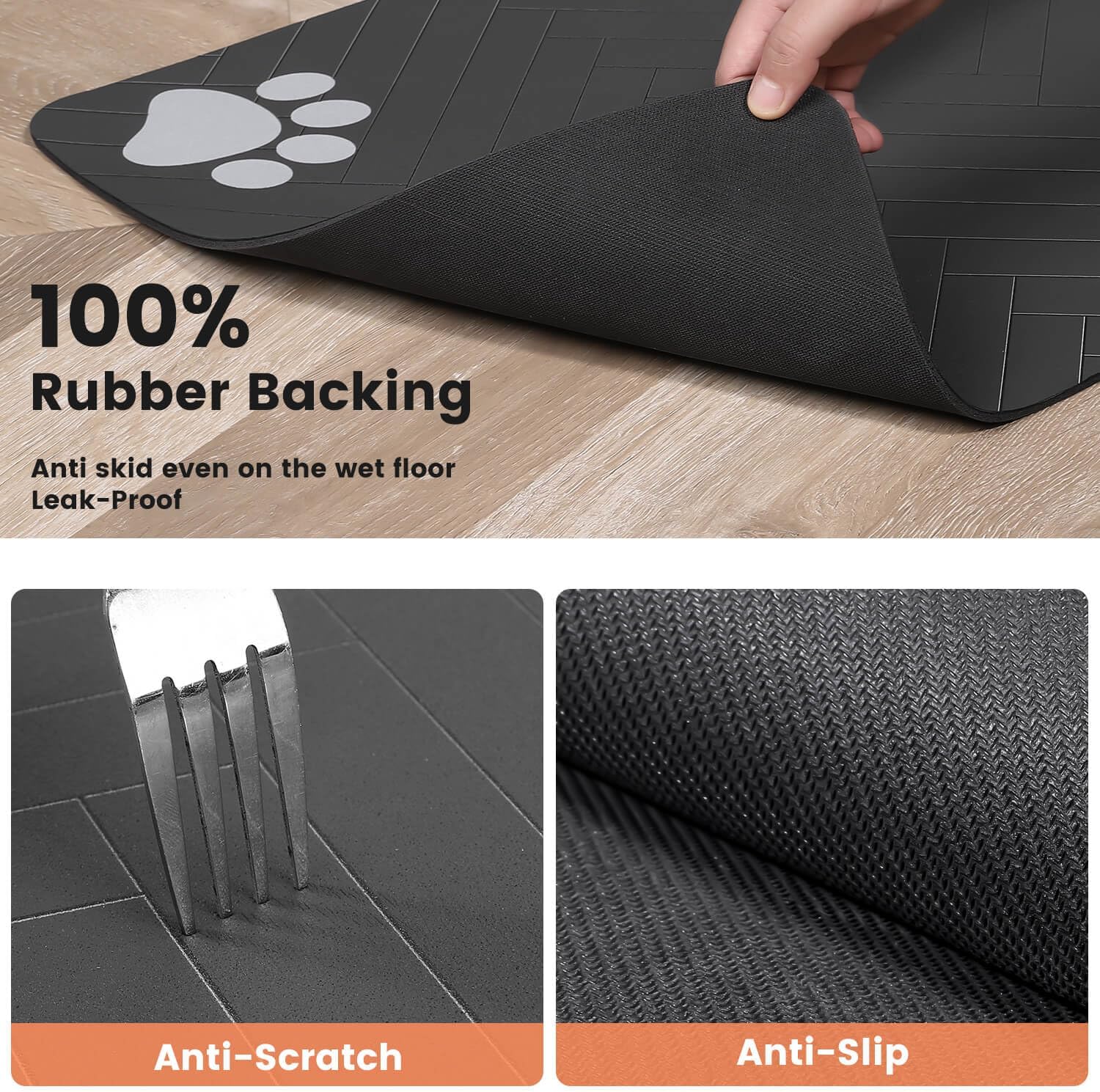 Tapete absorbente para comedero de mascotas, con base de goma impermeable y dispensador de agua de secado rápido para perros y gatos (30 x 50 cm, gris oscuro a rayas)
