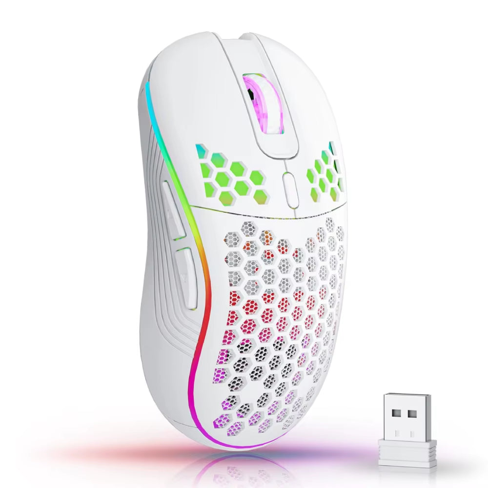 Ratón inalámbrico de 2,4 G con retroiluminación RGB, 6 botones, 3 velocidades DPI, recargable, tipo C, diseño ergonómico de panal para juegos