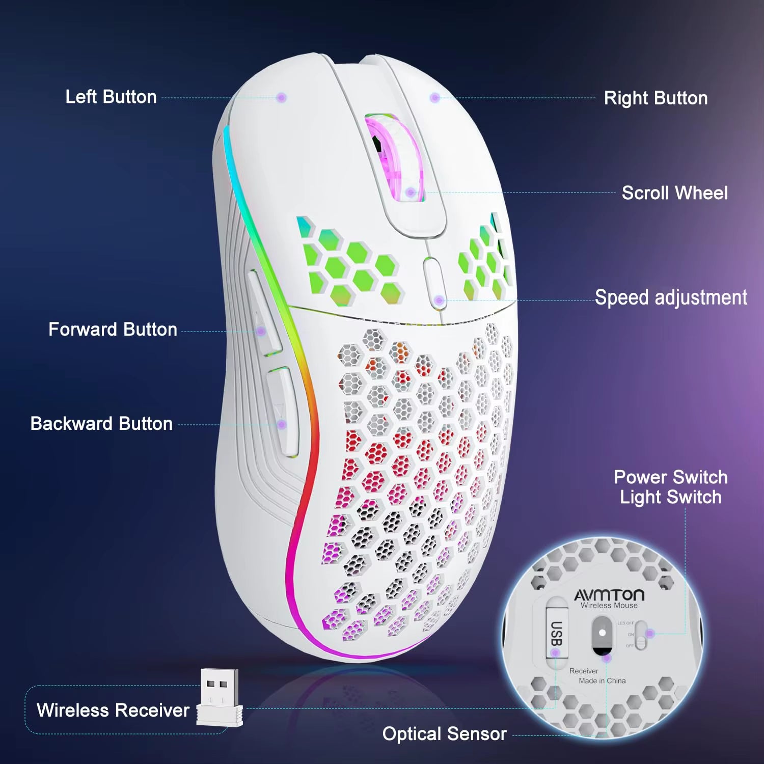 Ratón inalámbrico de 2,4 G con retroiluminación RGB, 6 botones, 3 velocidades DPI, recargable, tipo C, diseño ergonómico de panal para juegos