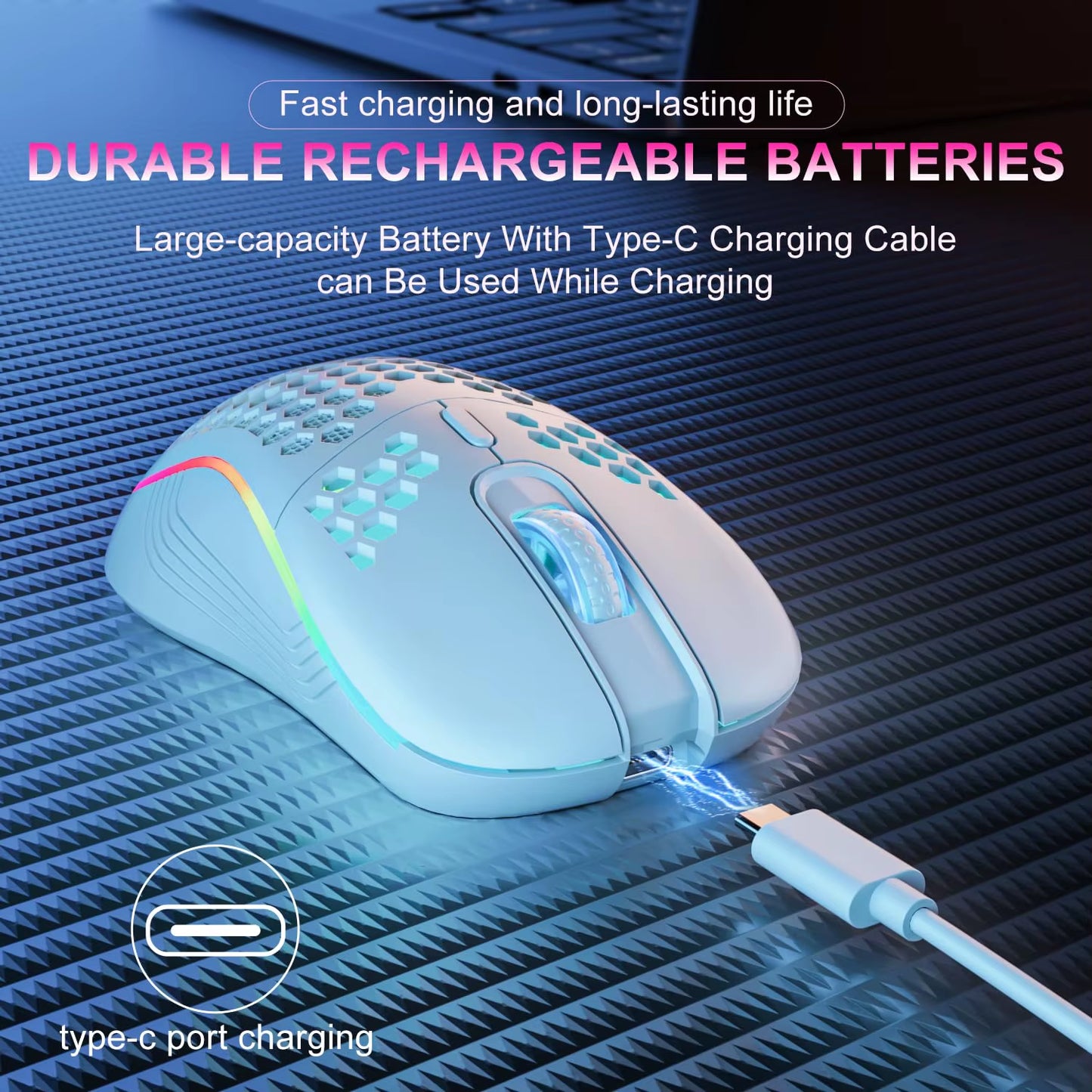 Ratón inalámbrico de 2,4 G con retroiluminación RGB, 6 botones, 3 velocidades DPI, recargable, tipo C, diseño ergonómico de panal para juegos
