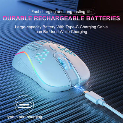 Ratón inalámbrico de 2,4 G con retroiluminación RGB, 6 botones, 3 velocidades DPI, recargable, tipo C, diseño ergonómico de panal para juegos